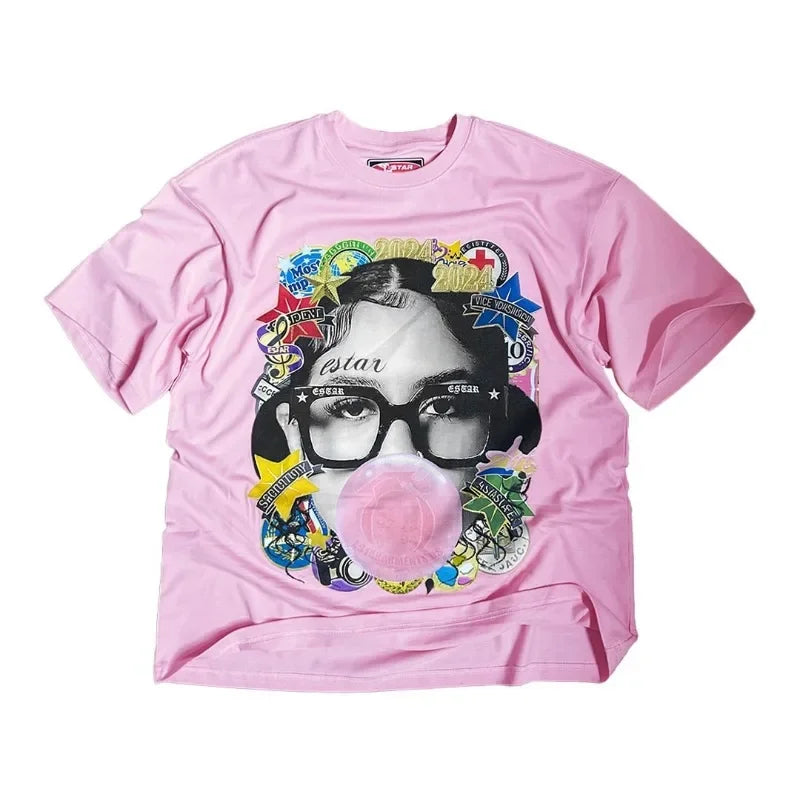 New Trendy Brand Anime Cartoon Printed Oversized T-shirt Shirt Women Y2k High Street Retro Cotton Round Neck Short-sleeved Men