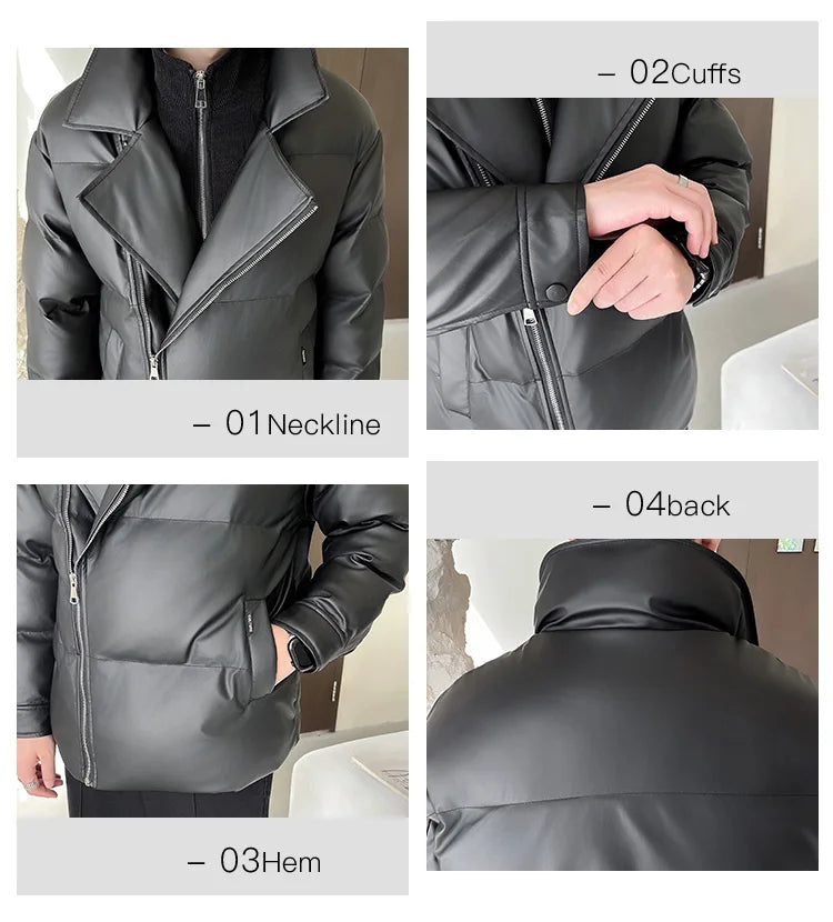 Winter Splice Collar Cotton-padded Leather Jacket Men Streetwear Fashion Loose Casual Thicken Warm Leather Parkas Coat Jacket