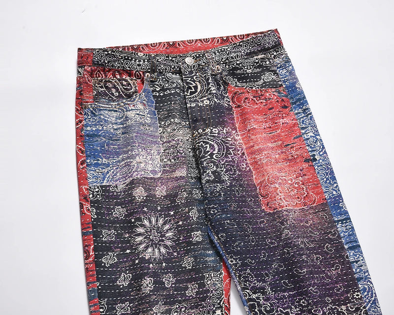 hip hop distressed paisley patchwork baggy jeans pants for men straight y2k ripped casual cargos oversized denim trousers military streetwear pants