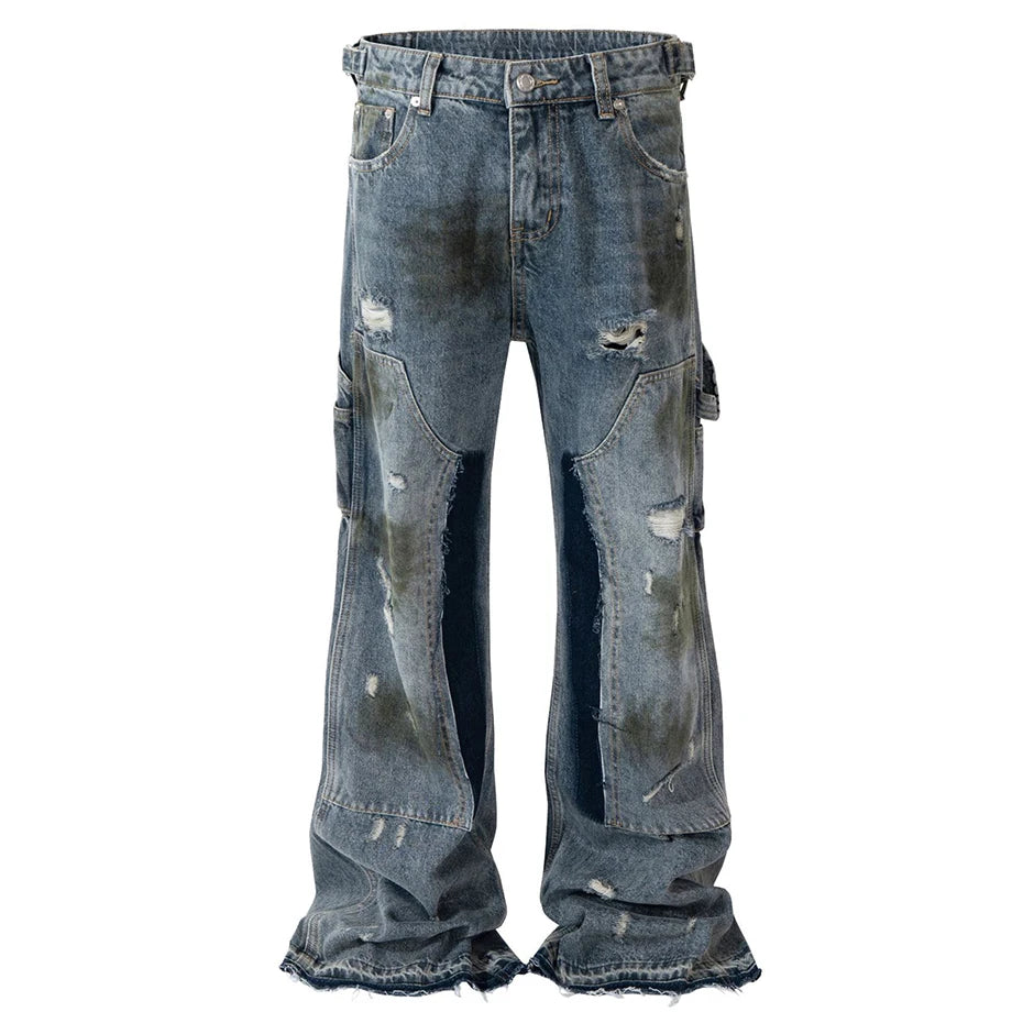 men blue ripped baggy jeans dirty printed distressed loose denim pants male luxury designer fashion jeans trousers unique jeans style 1351