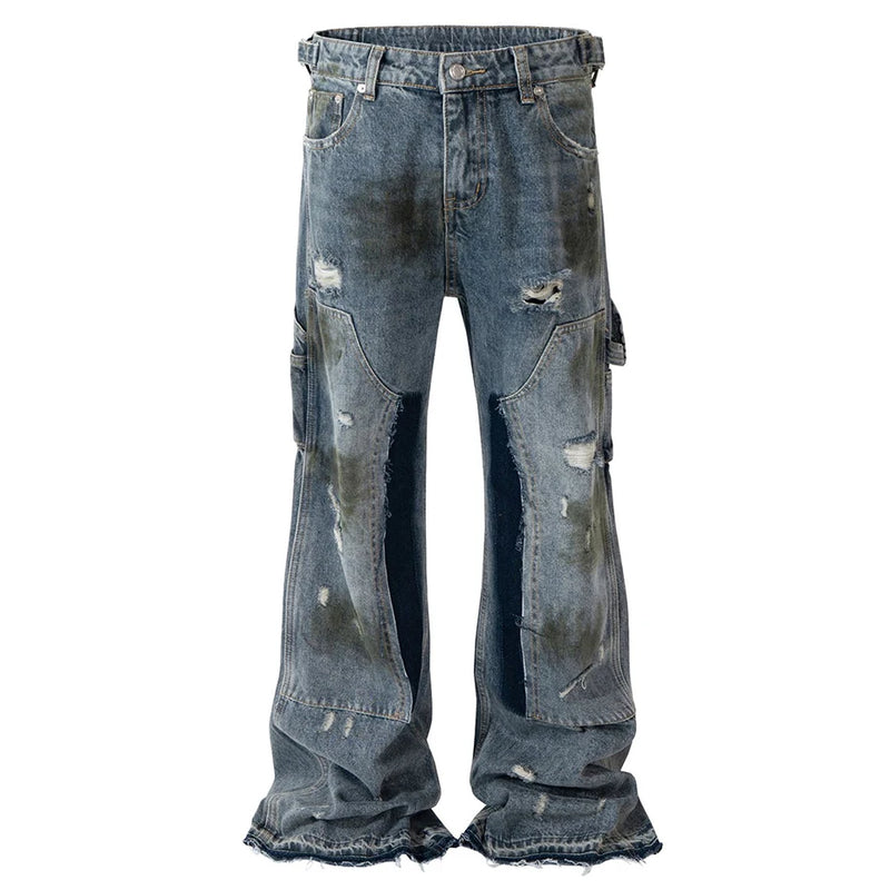 men blue ripped baggy jeans dirty printed distressed loose denim pants male luxury designer fashion jeans trousers unique jeans style 1351
