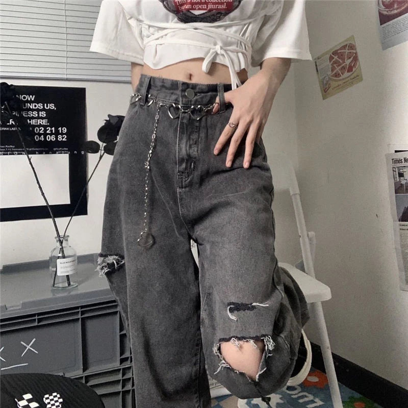 xpqbb vintage streetwear dark gray jeans women y2k high waist ripped denim trousers female 2022 new design loose wide leg pants stacked flare jeans