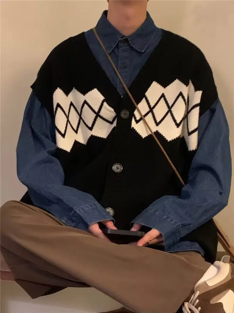 autumn japanese 3 piece set men women college knitted vest jogging pant long sleeve shirts vintage wide leg baggy casual suits unique default style 4937