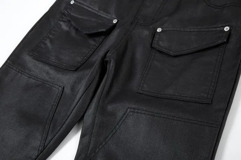 streetwear kanye slim fit feet coated black jeans pants for men pocket brushed wax tapered pants man casual cargo jeans y2k unique cargo style 4558