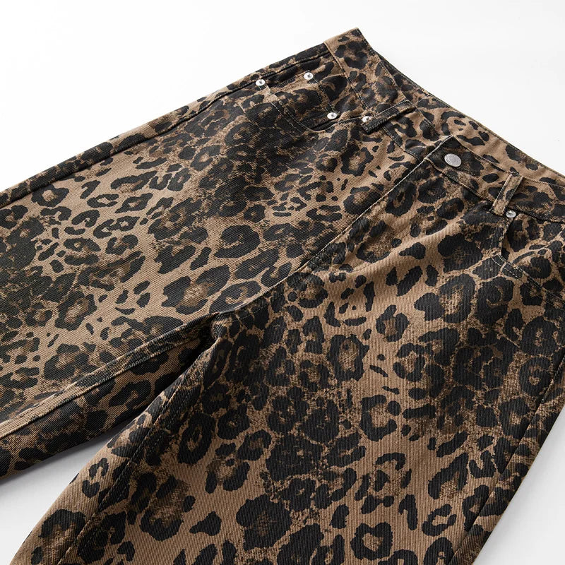 men leopard print denim loose casual plus size baggy jeans women streetwear hip hop straight y2k jeans pants trousers unique jeans style 1785