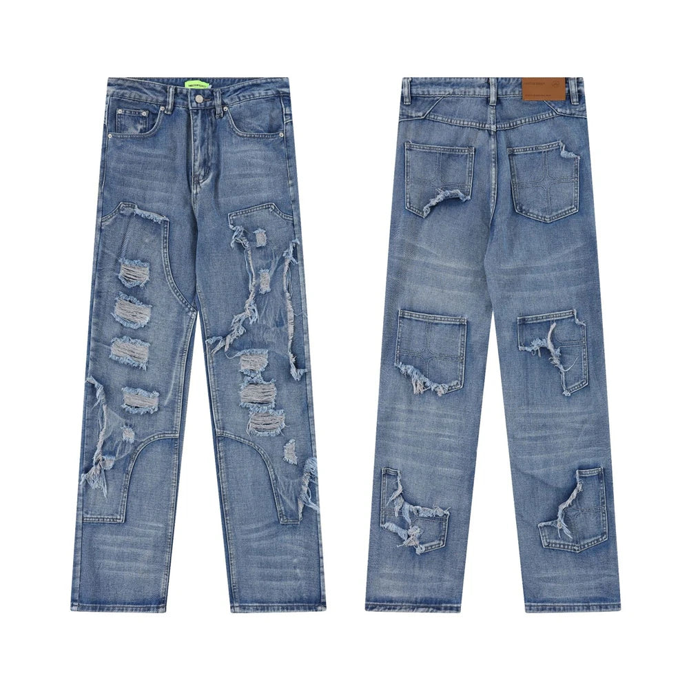 2024 ripped jeans high street straight trousers destroyed hole baggy denim pants vintage retro hip hop unique jeans style 405