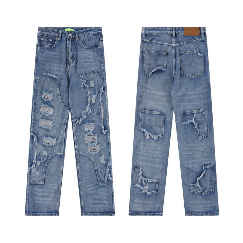 2024 ripped jeans high street straight trousers destroyed hole baggy denim pants vintage retro hip hop unique jeans style 405
