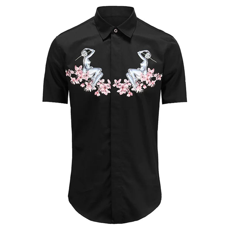 New 2021 luxury Men Classic Nude flowers Flora Fashion Cotton Casual Shirts Shirt high quality Pocket Short sleeves S 2XL #A36