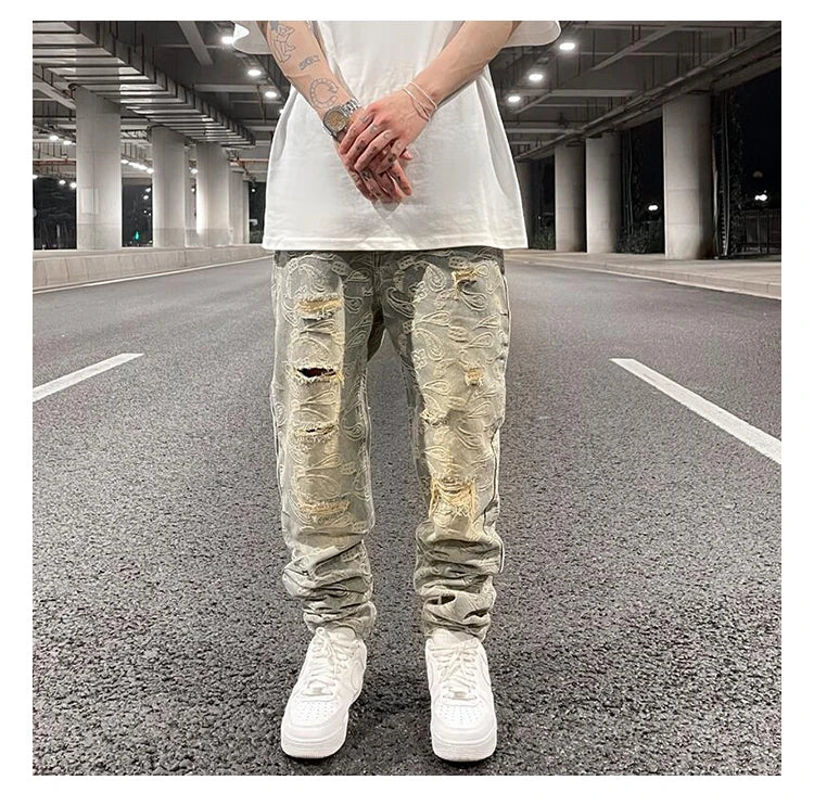 fashion paisy denim jeans mens destoryed holes zipper jeans pants hip hop streetwear new summer casual joggers loose jeans pants unique joggers style 2237