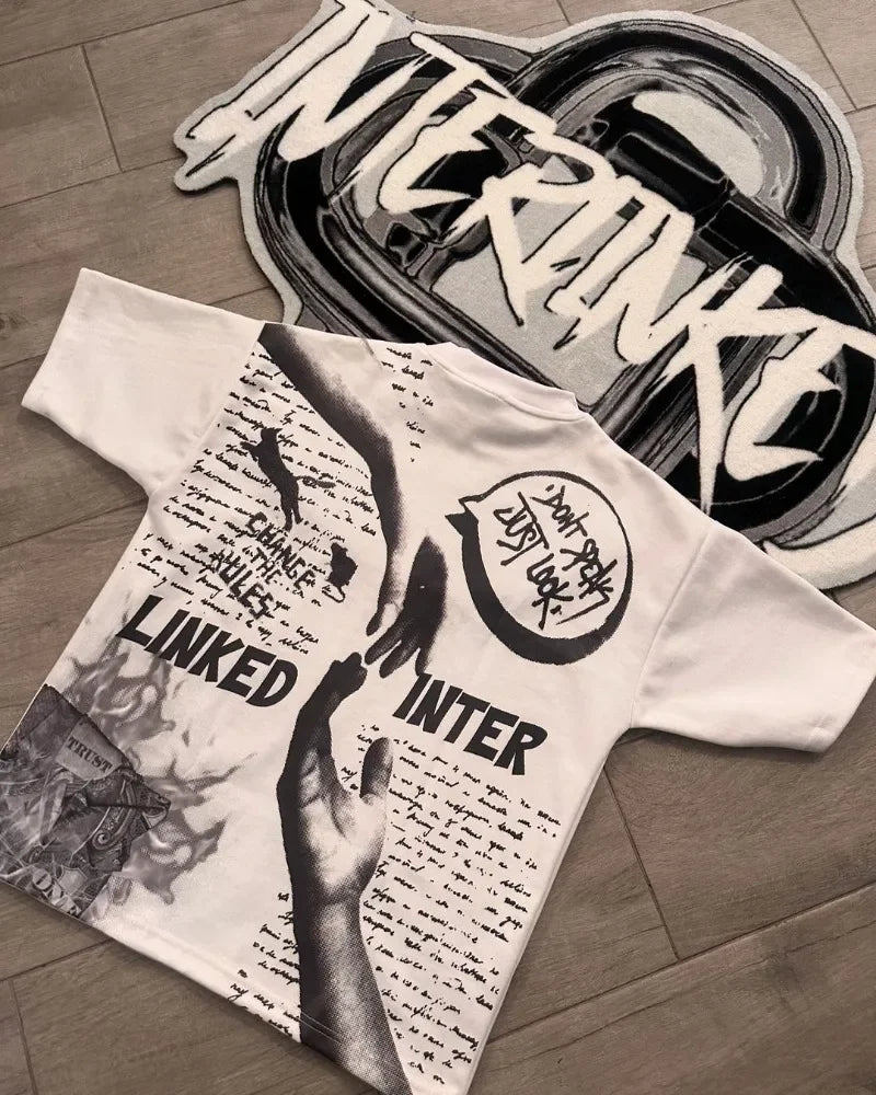 American High Street Retro Fashion Cartoon Letter Printed Short-sleeved Tops Women Y2k Goth Rock Casual Oversized T-shirts Men