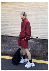 quick drying two piece set men loose casual street sweatshirt shorts y2k stand collar casual loose lightweight suits american unique shorts style 503