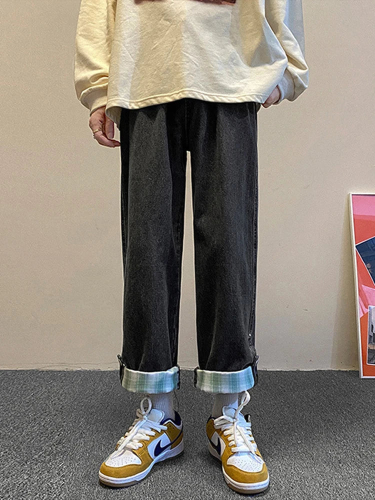 autumn plaid cuffs wide leg jeans for men high street fashion straight denim pants mujer elastic y2k baggy blue jean trousers unique jeans style 850