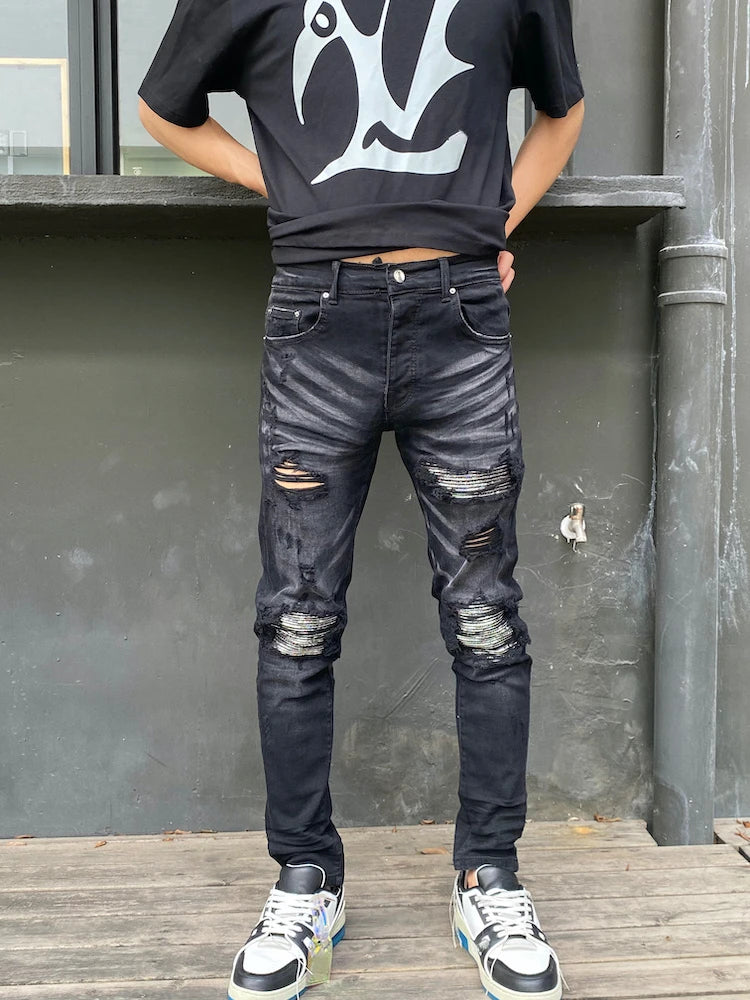 knee hole patckwork skinny denim jeans men slim biker trousers jeans fashion streetwear hip hop retro washed jean pants joggers casual joggers