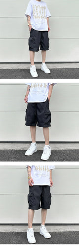 High Street Cargo Jogging Shorts Functional Khaki Cargo Shorts Men's Waterproof Zipper Pockets Casual Baggy Sweat Shorts