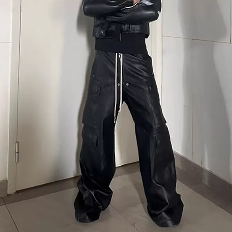ro style matte pu leather pants for men high street y2k pantalones hombre baggy overall wide leg drawstring cargo pants 1 military streetwear pants