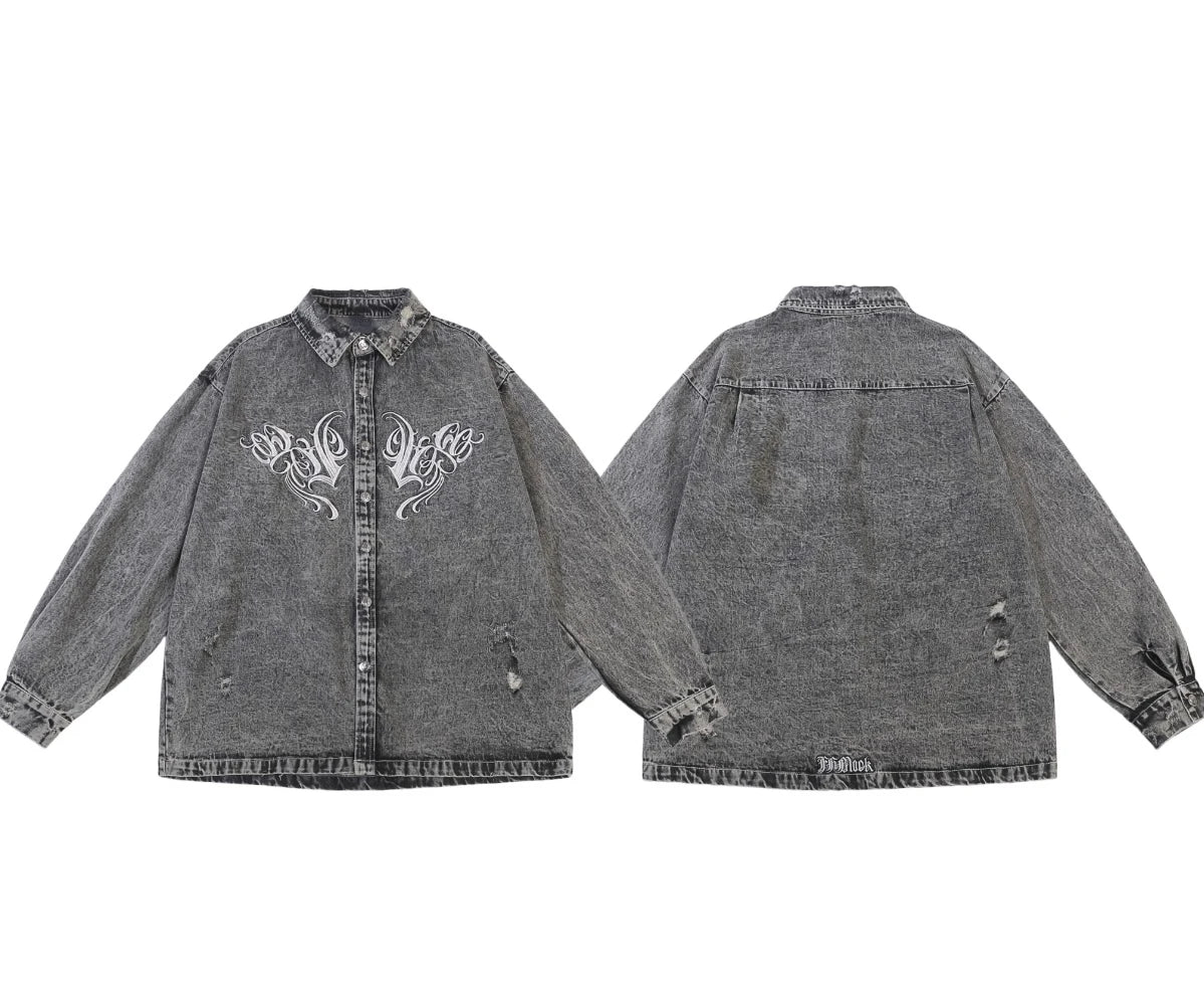 Hip Hop Denim Jeans Shirt Harajuku Retro Washed Letter Embroidery Long Sleeve Shirts for Men High Street Casual Loose Tops Shirt