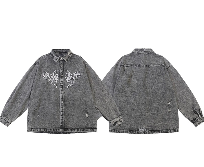Hip Hop Denim Jeans Shirt Harajuku Retro Washed Letter Embroidery Long Sleeve Shirts for Men High Street Casual Loose Tops Shirt