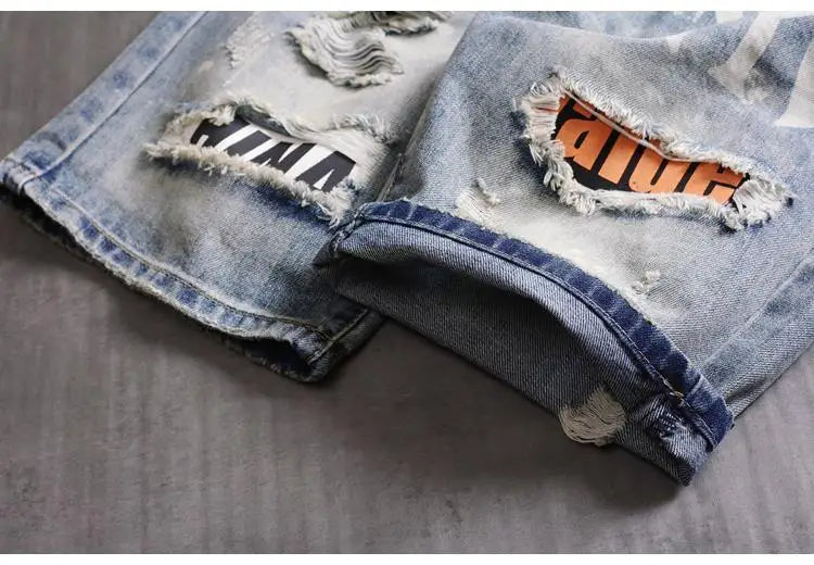 Men's Denim Shorts With Holes Washed Korean Style Straight Quarter  Patch Casual Jeans