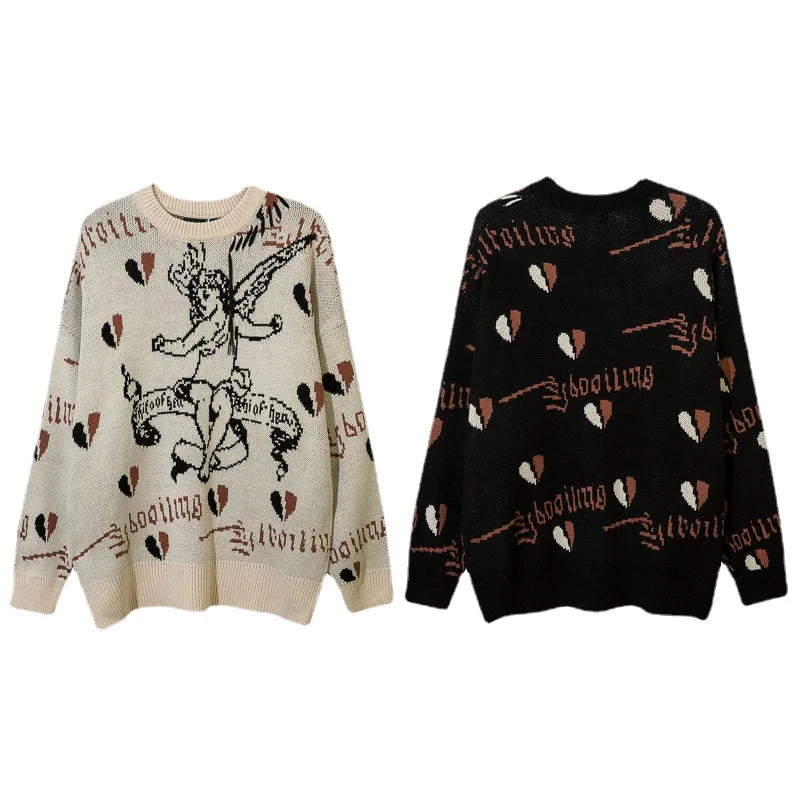 hip hop harajuku angle pattern knitted sweater unisex pullover streetwear winter casual loose mens sweater warm jumper knitwear - unisex casual winter pullover, 2025 streetwear drop, Y2K grunge street style