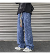 korean style waffle tie dye casual pants high street vibe pants men trendy brand colorful drawstring side slit straight trousers unique default style 2096