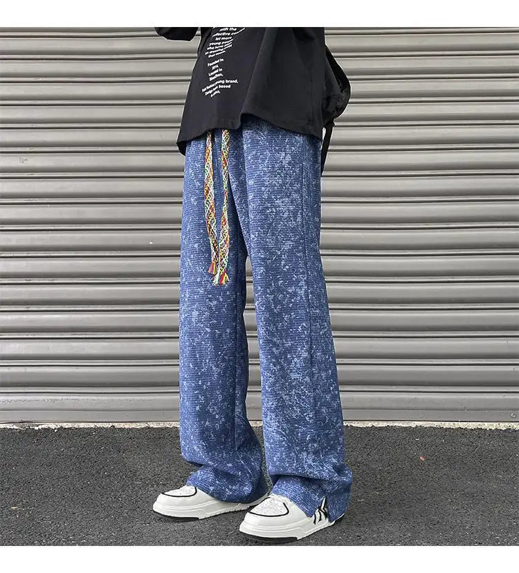 korean style waffle tie dye casual pants high street vibe pants men trendy brand colorful drawstring side slit straight trousers unique default style 2096