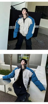 Retro Stand Collar Winter Jacket Men Zip Up Patchwork Cotton-padded Lightweight Parkas Spring Unisex Loose Autumn Short Outwear