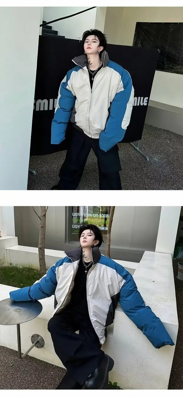Retro Stand Collar Winter Jacket Men Zip Up Patchwork Cotton-padded Lightweight Parkas Spring Unisex Loose Autumn Short Outwear