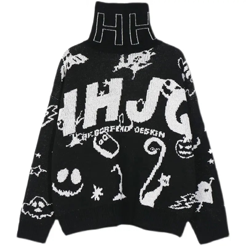 mens turtleneck knitted sweater fashion hip hop harajuku letter sweater retro vintage jumpers casual cotton pullovers sweaters unique limited edition hoodie, trendy hip hop style outerwear, oversized graphic print design