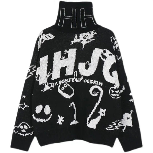 mens turtleneck knitted sweater fashion hip hop harajuku letter sweater retro vintage jumpers casual cotton pullovers sweaters unique limited edition hoodie, trendy hip hop style outerwear, oversized graphic print design