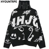 mens turtleneck knitted sweater fashion hip hop harajuku letter sweater retro vintage jumpers casual cotton pullovers sweaters unique limited edition hoodie, trendy hip hop style outerwear, oversized graphic print design