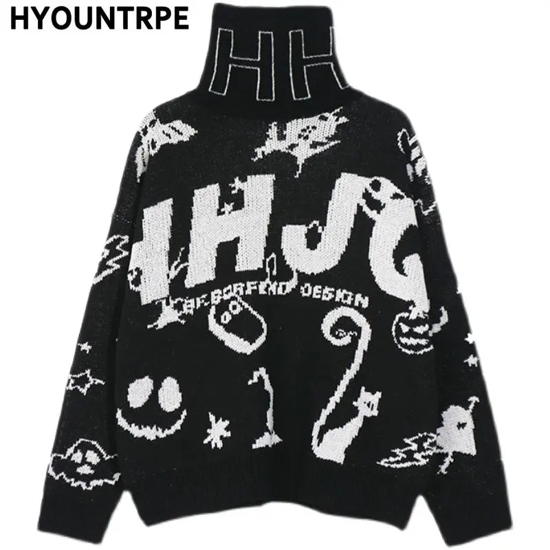 mens turtleneck knitted sweater fashion hip hop harajuku letter sweater retro vintage jumpers casual cotton pullovers sweaters unique limited edition hoodie, trendy hip hop style outerwear, oversized graphic print design