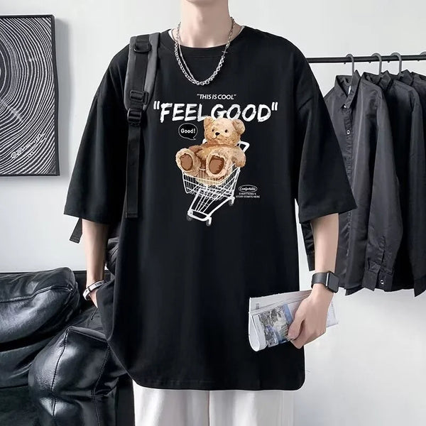 Anime Graphic tee – Funny Feel Good Bear Print Tops Man Casual Oversize T Shirt