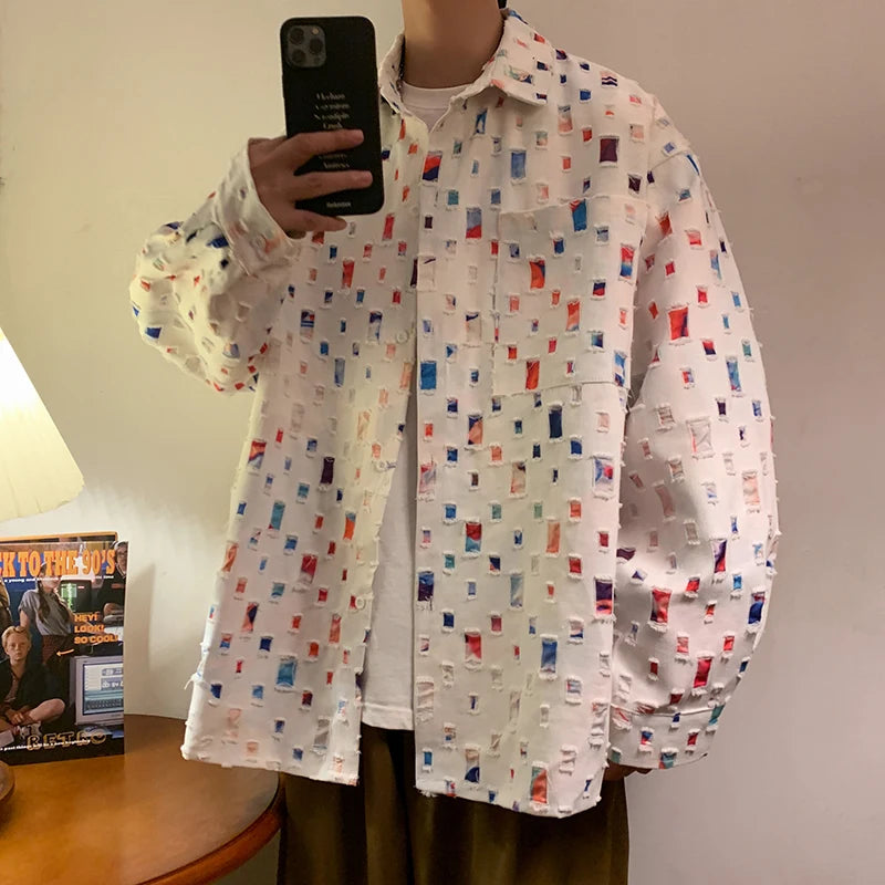 Oversized Fashion Casual Color Plaid Shirt Men Streetwear Loose Long Sleeved Shirt