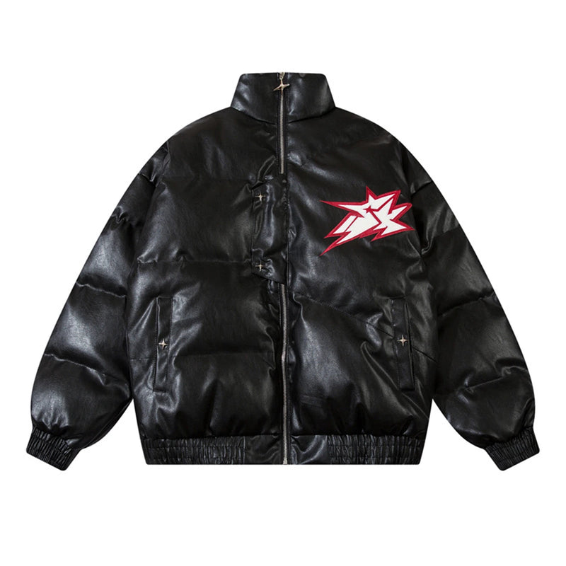 Men Waterproof Warm Jacket Winter Vintage PU Leather Parkas Embroidery Letter Thick Padded Coat Streetwear Hip Hop Loose Parka