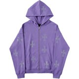 Men Women Cross Rhinestone Coat Leisure Hoodies Oversized Zip Up Hoodi