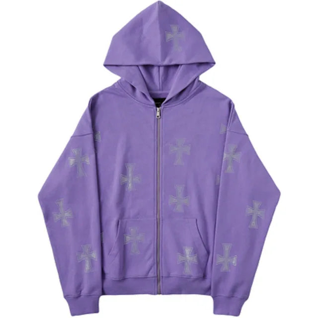 Men Women Cross Rhinestone Coat Leisure Hoodies Oversized Zip Up Hoodi