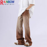 rainbowtouches mens washed jeans vintage high street gradient fashion trends zipper jeans loose straight long pant casual pants denim street jeans