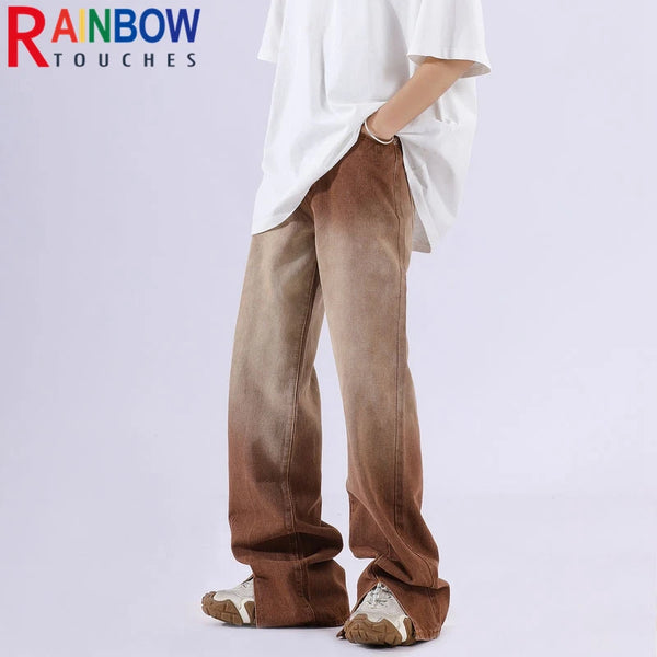 rainbowtouches mens washed jeans vintage high street gradient fashion trends zipper jeans loose straight long pant casual pants denim street jeans