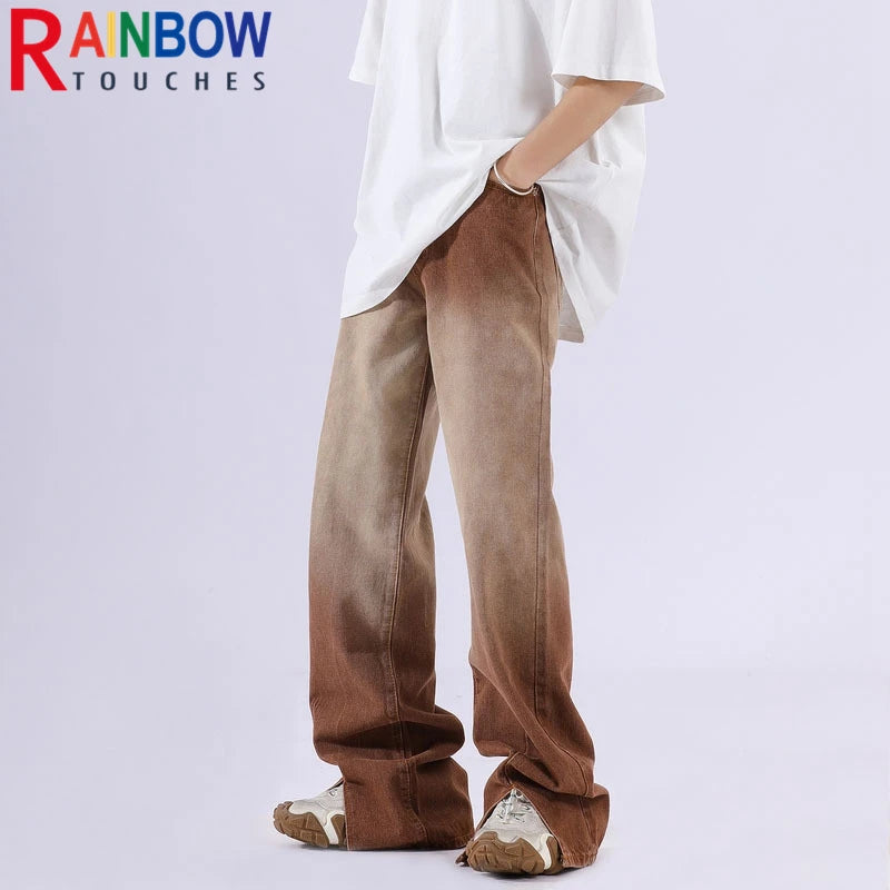 rainbowtouches mens washed jeans vintage high street gradient fashion trends zipper jeans loose straight long pant casual pants denim street jeans