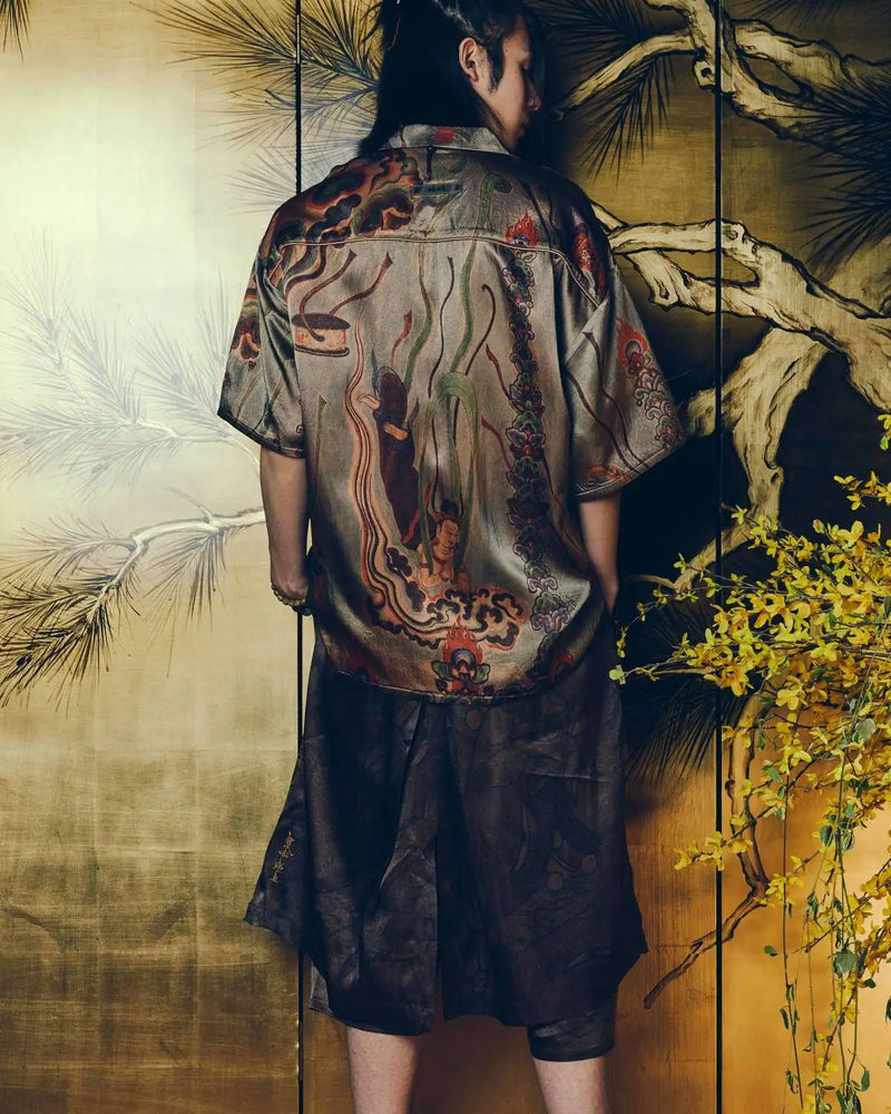 Dunhuang Feitian new Chinese style national trend printed casual short-sleeved shirt 2024 young men and women trendy retro tops