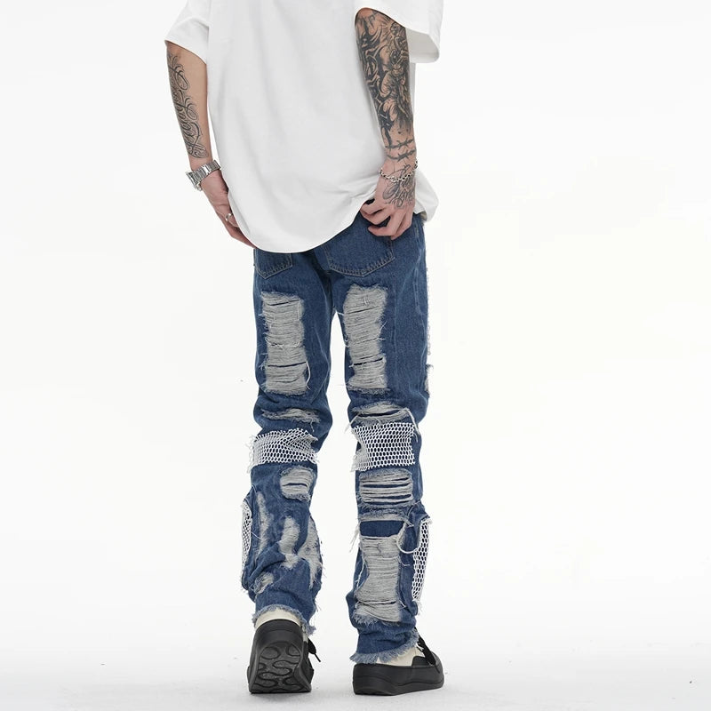 distressed skinny flared micro flare jean for mens mesh big destroyed ripped denim jeans hip hop biker jeans pants male unique jeans style 1317