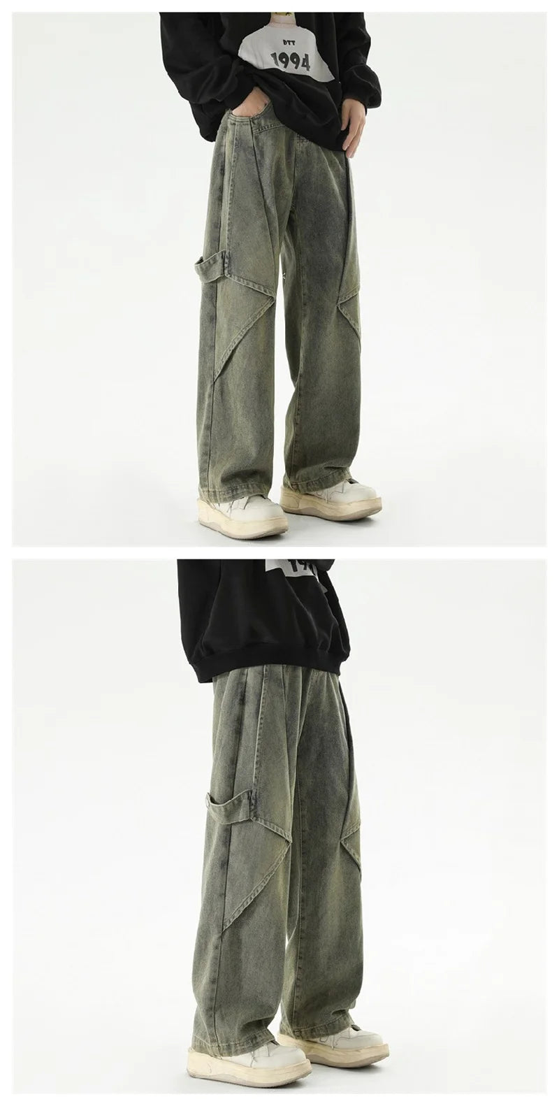 2024 new hip hop wide leg jeans for men washed distressed baggy denim trousers high street deconstruction cargo jean y2k pants unique cargo style 451
