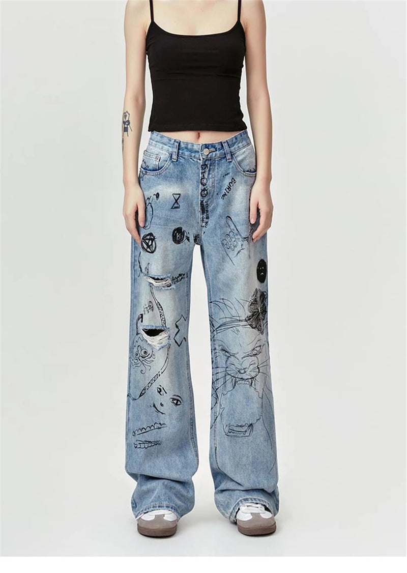 men baggy ripped jeans graffiti printed straight denim pants distressed jeans male streetwear hip hop jeans trousers y2k unique jeans style 5593