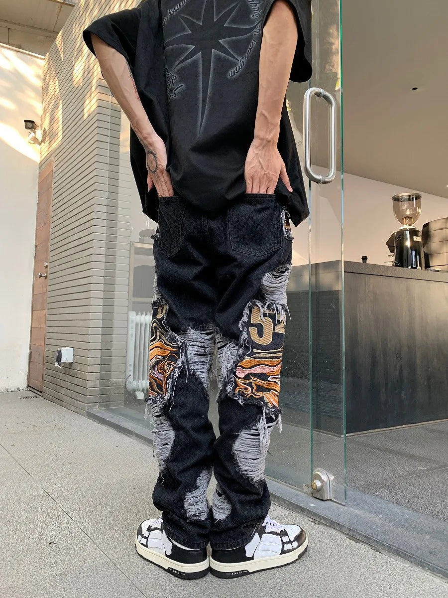 fashion embroidery destroyed ripped tassel holes denim jean pants mens casual loose straight jeans hip hop streetwear joggers unique joggers style 4344
