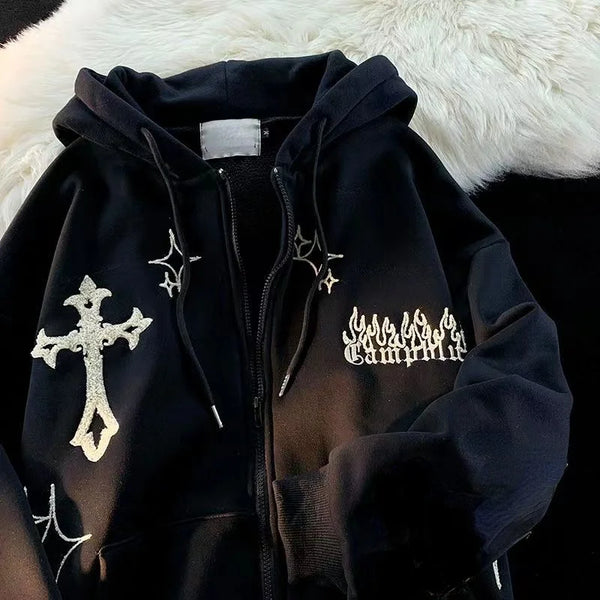 Hoodies Women Retro Harajuku Hip Hop Jacket High Street Zip Up Hoodie