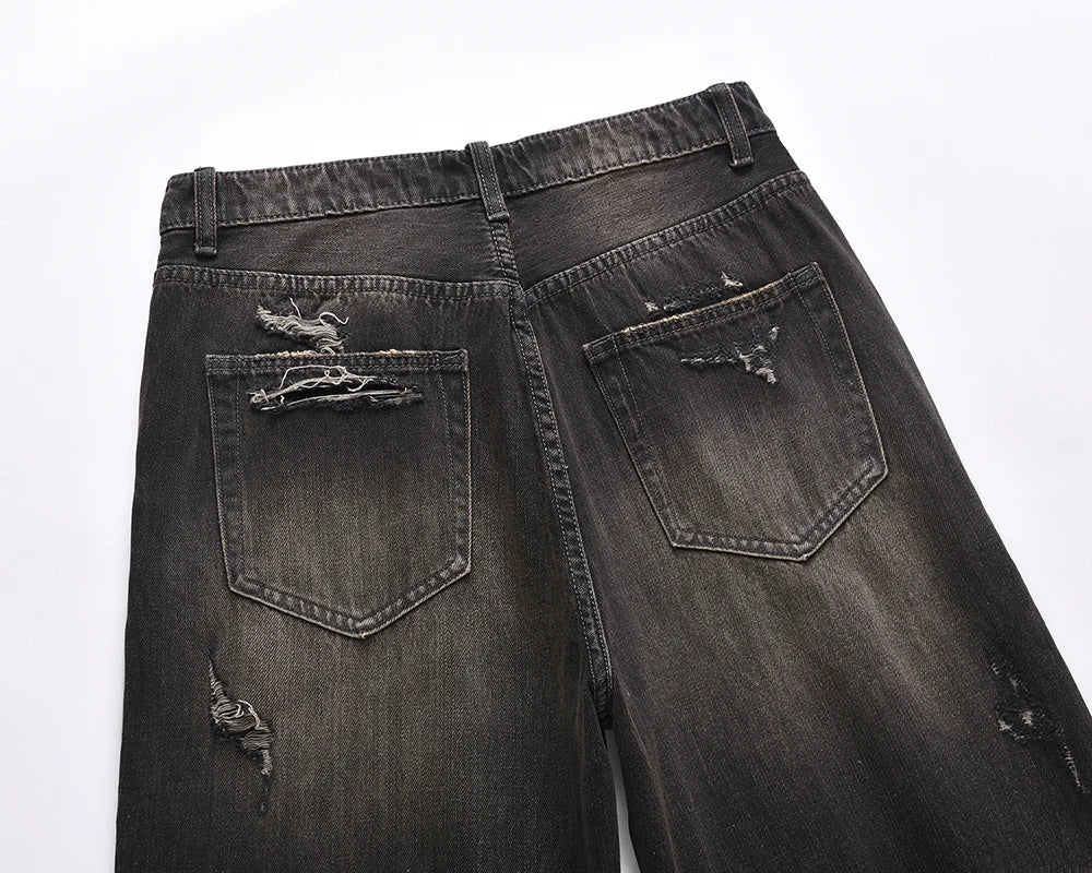 streetwear frayed hole distreesed ripped baggy jeans for men and women pantalones hombre y2k casual denim trousers oversized unique jeans style 5923
