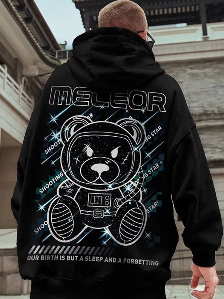 Meteor Bear Graphic Hoodies Oversized Men's Streetwear Hooded Sweatshirt