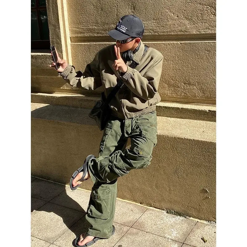high street y2k men set casual loose lapel jacket hip hop multi pocket overalls 2 piece spring autumn fashion couple suit trend relaxed fit trousers