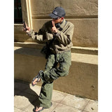high street y2k men set casual loose lapel jacket hip hop multi pocket overalls 2 piece spring autumn fashion couple suit trend relaxed fit trousers