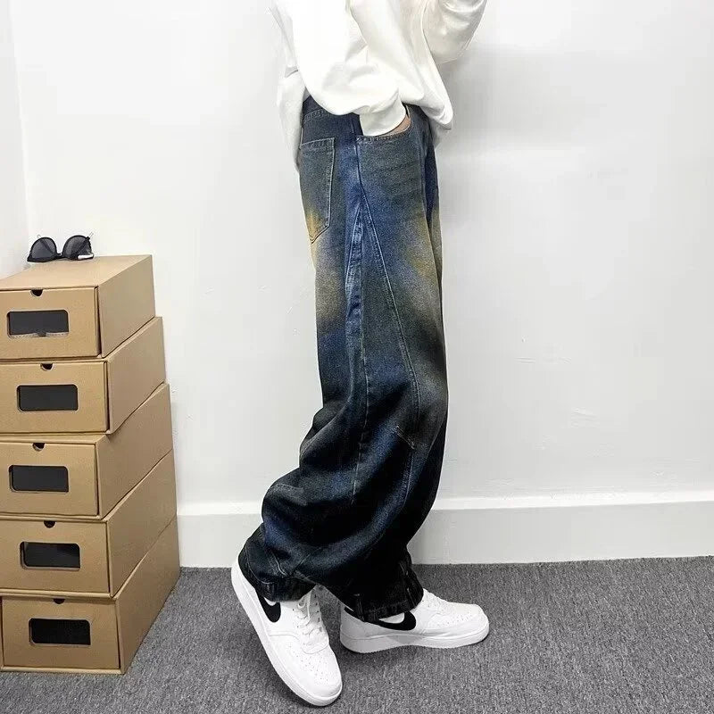 autumn hip hop graffiti painted baggy jeans mens y2l streetwear wide leg denim pants punk fashion distressed gradient jean stacked flare jeans